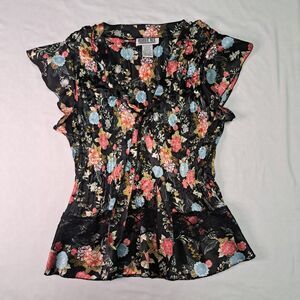 Robbie Bee Floral Chiffon Blouse Lace Ruffle Pleated V-Neck L Vtg Whimsigoth